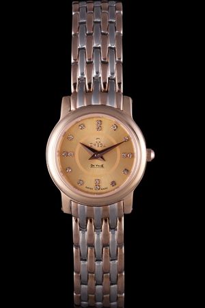 Women Omega De Ville Rose Gold Case Gold Dial Diamonds Scale Dauphine Pointers Two-tone Steel Bracelet  Watch