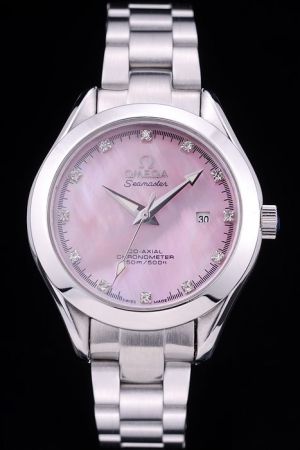 Rep Omega Seamaster Co-axial Chronometer Pink Dial Diamonds Scale Luminous Dauphine Index H-shaped Bracelet Lady Watch 231.10.34.20.57.003