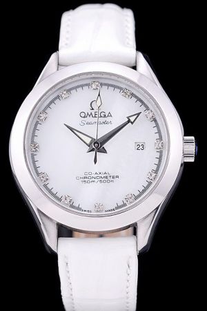 Omega Seamaster Co-axial Chronometer Diamonds/Stick Scale Luminous Dauphine Hand White Dial/Strap Quartz Date Lady Watch 231.13.34.20.55.001