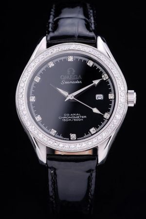 Women Omega Seamaster Co-axial Chronometer Black Dial&Strap Diamonds Scale Luminous Dauphine Index Date Rep Watch