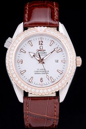 32mm Omega Seamaster Chronometer Rose Gold Diamonds Seriated Bezel Luminous Marker Arrow Pointer Brown Strap Lady Watch