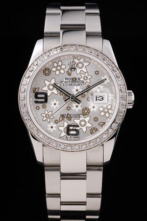 Fake Rolex Datejust Diamond Bezel Flower Face Arabic Marker Convex Lens Date Window SS Wristband Men And Women Watch