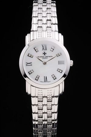 Fake VC Patrimony White Dial Diamonds Roman Hour Scale Two Leaf-shaped Hands Stainless Steel Glyptic Bracelet Lady Watch
