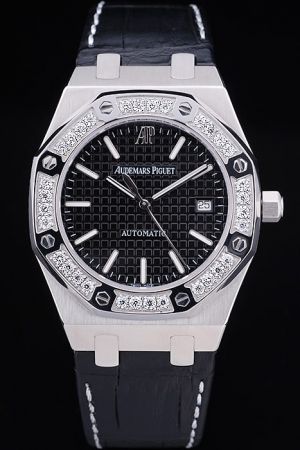 Audemars Piguet Royal Oak Black Tapisserie Dial Octangle Bezel Diamonds Bezel Baton Marker Watch 67651ST.ZZ.D002CR.01