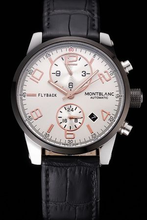 MontBlanc White Dial Gold Index Black Bezel Black Leather Strap Flyback Chronograph Watch MO007