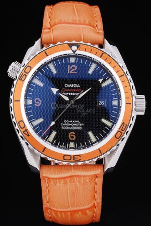 Omega Seamaster Co-Axial Planet Ocean 007 Limited Orange Unidirectional Rotating Bezel Black Dial With Clous de Paris Orange Strap Watch 232.32.46.21.01.001