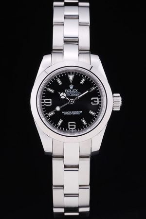 Lady Swiss Rolex Explorer Smooth Case Black Dial Stick/Arabic Hour Marker Luminous Mercedes Hand Steel Bracelet Watch