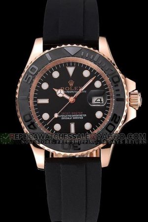 Men's Rolex Yachtmaster Rose Gold Case Carbon Black Rotatable Bezel Black Dial Luminous Scale/Hand Rubber Strap Casual Watch