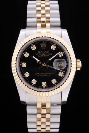 Luxury Rolex Datejust Tonneau Case Yellow Gold Fluted Bezel Diamonds Scale Convex Lens Date Window Two-tone Jubilee Bracelet Watch