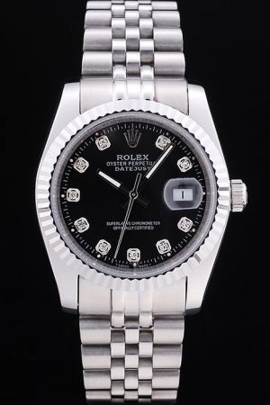 Fake Rolex Datejust Silver Fluted Bezel Diamonds Markers Convex Lens Date Window Steel Jubilee Bracelet 41mm SS Watch