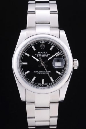 Rolex Datejust Silver SS Case/Bracelet Black Dial Luminous Marker/Pointer Convex Lens Date Window Medium Size Men Watch