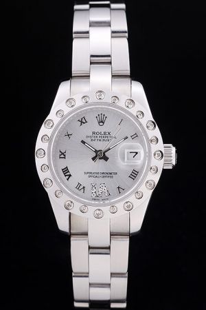 Rep Rolex Datejust Diamond Inlaid Bezel 18k White Gold Case/Bracelet Roman Numeral Convex Lens Date Window 28mm Watch Ref.80319