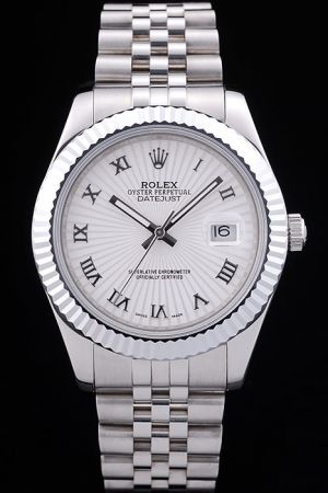 Classic Rolex Datejust Oyster Perpetual Silver Fluted Bezel/Jubilee Bracelet White Fluted Dial Roman Numeral Stainless Steel Men