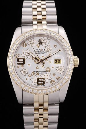 Rolex Datejust Oyster Perpetual Gold Diamond Bezel Silver Floral Dial Arabic Marker Two-tone Jubilee Bracelet Stainless Steel Watch