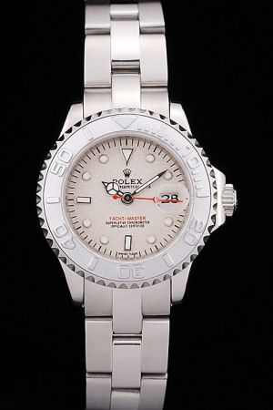Women’s Rolex Yachtmaster Silver Rotatable Bezel Beige Dial Luminous Scale Mercedes Hands With Red Second Index Auto Watch Ref.169622