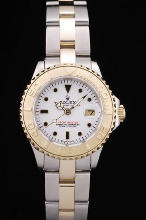 Unisex Rolex Yachtmaster Gold Flexible Bezel Black Hour Scale Luminous Mercedes Pointer 2-Tone Bracelet  Automatic Watch