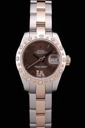 Fake Rolex Datejust Rose Gold Diamonds Inlaid Bezel Brown Face Roman Marker Convex Lens Date Window Two-tone Bracelet Auto Watch