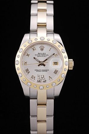 Women Rolex Datejust Oyster Perpetual Gold Plated SS Diamond Bezel Roman Numeral Two-tone Bracelet Automatic Movement Watch