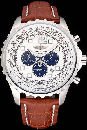 Fake Breitling Navitimer White Dial Seriated Bezel Three Sub-dials Brown Strap Watch