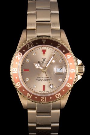 40 mm Rolex GMT Master II Brown Rotatable Bezel Gold Dial Diamonds Hour Scale Luminous Hand All Gold Design SS Watch