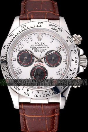 Elegant Rolex Daytona Silver Tachymeter Bezel Arabic Numerals Marker Three Black Sub-dials Luminous Hands Brown Strap Watch