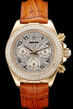 Lady Rolex Daytona Gold Case Full Diamonds Studded Bezel/Dial Arabic Scale Three Sub-dials Stick Hand Brown Strap Watch 98237