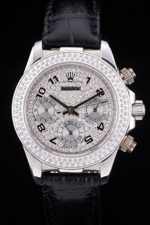 Women's Rolex Daytona Full Diamonds Bezel/Dial Arabic Numerals Scale Three Sub-dials Black Strap Wedding Watch
