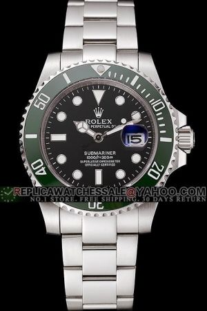 Rolex Submariner SS Case Green Cerachrom Tachymeter Bezel Luminous Hour Scale/Mercedes Hands Magnified Date Window Businessman Watch