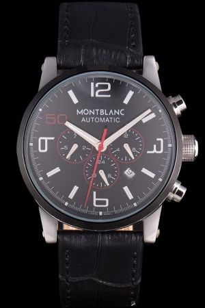 MontBlanc Business Black Dial Ion-plated Case Black Leather Strap Chronograph Automatic Watch MO002