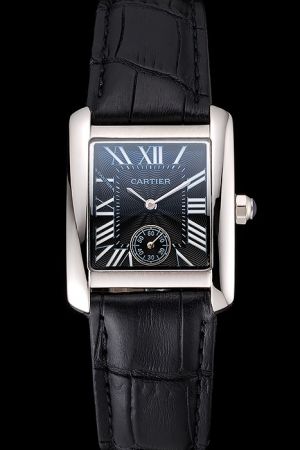 Cartier Silver S/Steel Tank Couples Dress Black Leather Strap Watch KDT197 Small Size Tank
