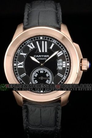 Men's Cartier Calibre W7100014 White Hands Rose Gold Date Business Watch KDT265 Black Leather Strap