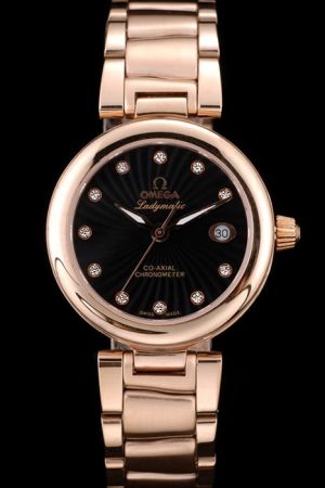 Girls Omega De Ville Co-Axial Chronometer Ladymatic Rose Gold Case/Bracelet Black Dial With Ray Pattern Diamond Marker Losange Hand Watch