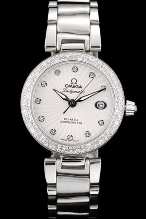 Omega De Ville Co-Axial Ladymatic Diamonds Bezel White Dial With Ray Pattern Diamond Scale Losange Hand Steel Bracelet Watch 425.35.34.20.55.001