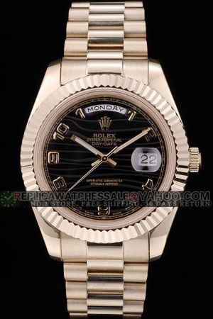 Nice Price Rolex Day-date Gold Fluted Bezel Black Wave Dial Arabic Scale Week/Date Display Gold Steel Bracelet  Watch Ref.218238