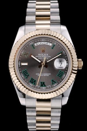 Rolex Day-date Gold Fluted Bezel Green Roman Numerals Scale Luminous Pointers Week/Date Display 2-Tone Bracelet Automatic Watch