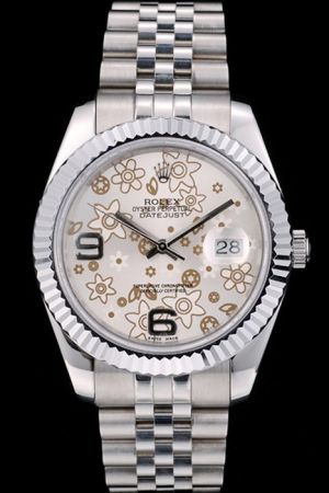 Imitated Rolex Datejust White Gold SS Case/Bracelet Fluted Bezel Flower Face Convex Lens Date Window Arabic Marker Watch