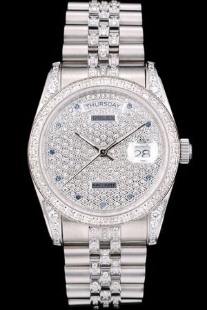  Rolex Day-date Diamonds Case/Bezel/Dial/Bracelet Sapphires Hour Scale Luminous Hand Week/Date Display Swiss Automatic Watch