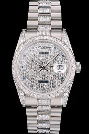Swiss Rolex Day-date Diamonds Case/Bezel/Dial/Bracelet Week/Date Display Sapphires Marker SS Men’s Watch Ref.118206