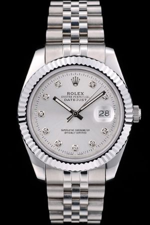 Rolex Datejust Stainless Steel Case/Bracelet Silver Dial Diamond Marker Convex Lens Date Window Dressing Swiss Rep Watch