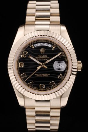 Rolex Day-date Fluted Bezel Black Wave Dial Arabic Marker Luminous Hand Week/Date Display 18k Gold Plated SS Men’s Dress Watch