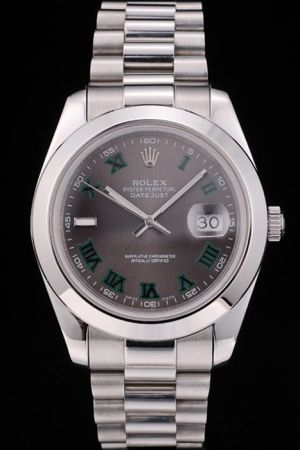 Rolex Datejust Stainless Steel Case/Bracelet Grey Dial Green Roman Index Convex Lens Date Window Casual High Imitation Watch