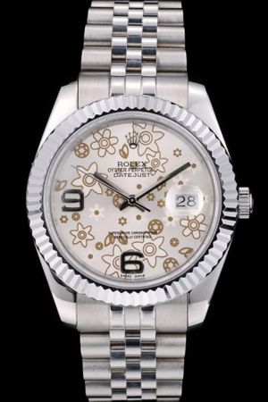 Swiss Rolex Datejust White Gold Case/Bracelet Flower Motif Dial Big Arabic Numeral Convex Lens Date Window SS Watch