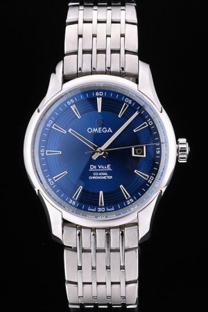 Men Omega De Ville Hour Vision Co-axial Chronometer Blue Dial With Circinate Pattern Silver Scale/Hand Steel Bracelet Date Watch