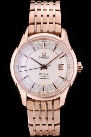 Omega De Ville Hour Vision Co-axial Rose Gold Case/Scale/Bracelet White Dial With Circinate Pattern Blue Second Hand Date Watch