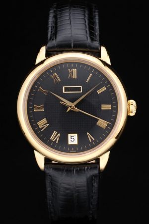 Swiss Piaget Traditional Black Pane Dial Yellow Gold Case/Roman Scale/Dauphine Pointer Oblong Sub-dial Replica Date Watch