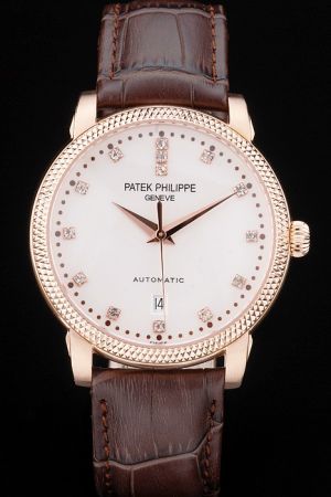 Men Patek Philippe Calatrava Gold Ribbed Bezel Diamonds Scale Brown Band Watch