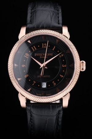 Patek Philippe Calatrava Rose Gold Hobnail Bezel Black Dial Arabic Imitated Watch
