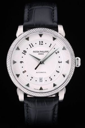 Replica Patek Philippe Calatrava Silver Hobnail Bezel White Dial Arabic Scale Watch