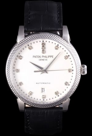 Swiss Patek Philippe Calatrava Silver Ribbed Bezel Diamonds Marker Date Copy Watch