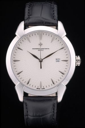 Men VC Traditionnelle White Textured Face Chic Lugs Arrow-shaped Marker Leaf Hands Geneve Rep Date Watch